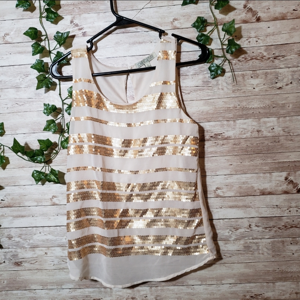 Love Culture Sleeveless Blouse Gold Sequins Cream Shirt Top